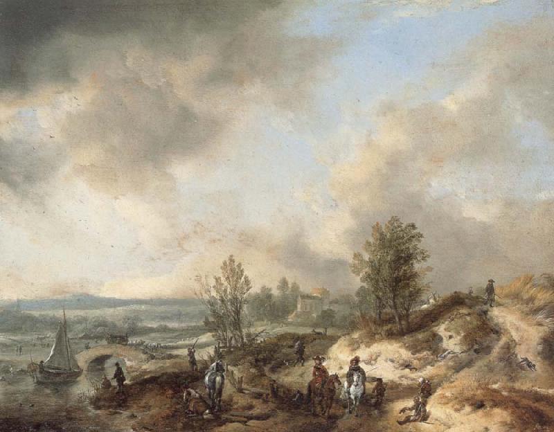 Philips Wouwerman A Dune Landscape with a River and Many Figures France oil painting art